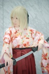 blonde_hair cosplay fate/series fate/stay_night katana kimono maropapi pleated_skirt ponytail saber skirt sword rating:Safe score:0 user:nil!