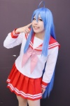 ahoge blue_hair cosplay izumi_konata lucky_star miniskirt pantyhose pleated_skirt sailor_uniform school_uniform skirt taka_hito rating:Safe score:0 user:Log