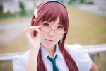 akitsu_honoka blouse cosplay glasses hairband looking_over_glasses makinami_mari_illustrious neon_genesis_evangelion rebuild_of_evangelion red_hair school_uniform tie rating:Safe score:0 user:pixymisa