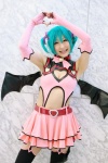 <3 aqua_hair chii cleavage cosplay dress elbow_gloves fingerless_gloves gloves hairbows hatsune_miku project_diva stirrup_socks tail twintails vocaloid world_is_mine_(vocaloid) rating:Safe score:1 user:nil!