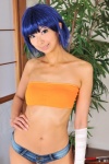 bakemonogatari bandages blue_hair cosplay denim kanbaru_suruga karimonogatari necoco shorts tubetop rating:Safe score:1 user:nil!