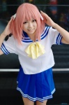 cosplay hair_ribbons kobayakawa_yutaka lucky_star miku pantyhose pink_hair pleated_skirt sailor_uniform school_uniform skirt twintails rating:Safe score:0 user:nil!