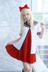 blonde_hair cosplay dress dress_lift gumi_(cosplayer) hairbow kneesocks sailor_uniform school_uniform toshino_kyoko yuruyuri rating:Safe score:0 user:nil!