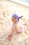 ass ayane_(doa) beach cleavage cosplay dead_or_alive headband ocean one-piece_swimsuit purple_hair swimsuit tachibana_minami rating:Safe score:0 user:nil!