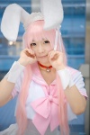 animal_ears apron bell bowtie bunny_ears choker cosplay croptop cuffs hairband matsuri original pink_hair swimsuit rating:Safe score:0 user:pixymisa