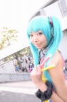 aqua_hair blouse cosplay hatsune_miku headset necoco tie twintails vocaloid wristband rating:Safe score:0 user:pixymisa