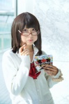 blouse bowtie cookies cosplay glasses looking_over_glasses mizu_komizu original school_uniform sweater rating:Safe score:0 user:pixymisa