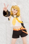 blonde_hair blouse cosplay detached_sleeves hairbow headset hiokichi kagamine_rin pantyhose scarf shorts vocaloid rating:Safe score:1 user:pixymisa