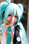 aqua_eyes aqua_hair bodysuit cosplay elbow_gloves gloves hatsune_miku headset rine tie twintails vocaloid rating:Safe score:0 user:pixymisa