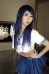 ashiya_noriko blue_hair cosplay croptop ikkitousen kanu_unchou pleated_skirt sefiuku skirt rating:Safe score:1 user:nil!