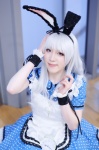 animal_ears apron bunny_ears cosplay dress idolmaster_2 okiron shijou_takane white_hair rating:Safe score:0 user:nil!