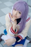 clannad cosplay fujibayashi_kyou pleated_skirt purple_hair sailor_uniform saya school_uniform skirt thighhighs zettai_ryouiki rating:Safe score:2 user:nil!