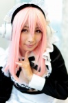 apron cosplay crossover_tie headband headphones maid maid_uniform nitro_super_sonic pink_hair super_soniko yukimi rating:Safe score:0 user:pixymisa