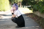 atsuki black_legwear blouse cosplay dagashi_biyori dagashi_kashi hairband pantyhose purple_hair shidare_hotaru skirt suspenders rating:Safe score:0 user:nil!