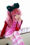 anya_alstreim code_geass cosplay dress fingerless_gloves hairbow jacket pink_hair striped striped_socks tatsuki thighhighs zettai_ryouiki rating:Safe score:4 user:nil!