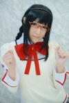 akemi_homura blouse bowtie cosplay glasses hairband pleated_skirt ponytail puella_magi_madoka_magica school_uniform skirt wakame rating:Safe score:0 user:pixymisa