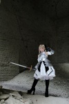 armor blonde_hair boots braid cosplay detached_sleeves dress fate/series fate/stay_night gauntlets kamui_arisa pantyhose red_moon saber sword rating:Safe score:0 user:nil!