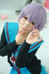 cardigan cosplay glasses nagato_yuki pleated_skirt purple_hair sailor_uniform sakuragi_mui school_uniform skirt suzumiya_haruhi_no_yuuutsu rating:Safe score:2 user:nil!