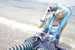 asakura_kana beach blue_hair cosplay croptop gundam msm-07_z'gok ocean pleated_skirt skirt striped tank_top thighhighs wet zettai_ryouiki rating:Safe score:0 user:nil!