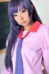 bakemonogatari blouse cosplay karimonogatari necoco purple_hair school_uniform senjougahara_hitagi tie rating:Safe score:0 user:nil!