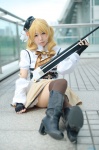 beret blonde_hair blouse boots corset cosplay cowboy_boots detached_sleeves fingerless_gloves gloves gun makiron pantyhose pleated_skirt puella_magi_madoka_magica rifle skirt thighhighs tomoe_mami twintails zettai_ryouiki rating:Safe score:3 user:nil!
