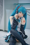 aqua_hair blouse cosplay detached_sleeves hatsune_miku headset pleated_skirt rinami skirt thighhighs tie twintails vocaloid rating:Safe score:1 user:pixymisa