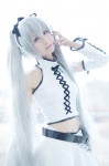 cosplay detached_sleeves halter_top hatsune_miku headset pleated_skirt shuuto silver_hair skirt twintails vocaloid voice_(vocaloid) rating:Safe score:0 user:pixymisa