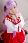 cosplay hair_ribbons hiiragi_kagami ibara kneesocks lucky_star miniskirt pleated_skirt purple_hair sailor_uniform school_uniform skirt twintails rating:Safe score:0 user:nil!