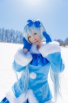 ageha blue_hair cosplay ear_muffs hairbows hatsune_miku jacket mittens pleated_skirt sakura_mai_yuki_midori skirt twintails vocaloid yuki_miku rating:Safe score:0 user:nil!