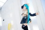 aqua_hair black_legwear cosplay croptop detached_sleeves hairbow hatsune_miku mashiro_yuki pleated_skirt ponytail project_diva skirt thighhighs vocaloid zettai_ryouiki rating:Safe score:0 user:nil!