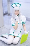 cosplay dress gloves idolmaster mike nurse nurse_cap nurse_uniform shijou_takane thighhighs white_hair white_legwear zettai_ryouiki rating:Safe score:0 user:nil!