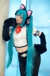 animal_ears aqua_hair blouse cat_ears cosplay hatsune_miku headset miiko project_diva trousers twintails vocaloid rating:Safe score:0 user:nil!