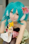 aqua_hair cleavage colorful_x_melody_(vocaloid) cosplay detached_sleeves dress hatsune_miku microphone project_diva saya thighhighs twintails vocaloid zettai_ryouiki rating:Safe score:0 user:nil!