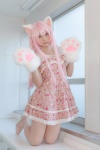 animal_ears cat_ears cosplay dress enacat_(white_version) enako original paw_gloves pink_hair rating:Safe score:5 user:nil!