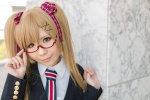 bechiko blazer blonde_hair blouse cosplay glasses green_eyes hair_ribbons looking_over_glasses nyotalia striped tie twintails united_kingdom rating:Safe score:0 user:pixymisa