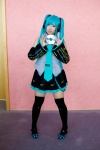 aqua_hair cosplay default_costume detached_sleeves hatsune_miku headset pantyhose pleated_skirt skirt thighhighs tie twintails vocaloid yuno_(mod) zettai_ryouiki rating:Safe score:0 user:nil!