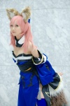animal_ears caster cosplay detached_sleeves dress fate/extra fate/series fox_ears fox_tail pink_hair seri thighhighs rating:Safe score:0 user:pixymisa