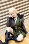 america axis_powers_hetalia blonde_hair boots cleavage cosplay hair_clip leather_jacket manabe_yuki miniskirt necklace nyotalia pleated_skirt shirt_tied skirt rating:Safe score:1 user:pixymisa