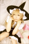 apron bed blonde_hair blouse braid cosplay hanamura_misaki jumper kirisame_marisa touhou witch_hat rating:Safe score:0 user:nil!