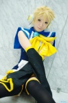 aka blonde_hair cosplay crossplay detached_sleeves headset kagamine_len kagamine_len_no_bousou_(vocaloid) pantyhose school_swimsuit swimsuit thighhighs vocaloid wand rating:Safe score:1 user:nil!