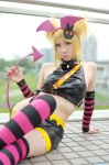 blonde_hair cosplay crossplay detached_sleeves halter_top head_wings kagamine_len pretty_panties_akuma_rin_(vocaloid) ryo shorts striped striped_sleeves striped_socks tail thighhighs vocaloid rating:Safe score:1 user:nil!