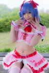 blouse blue_hair bonnet bow cosplay croptop half_skirt_open_front lenfried remilia_scarlet thighhighs touhou wings rating:Safe score:0 user:nil!
