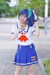 aikatsu! blue_hair cosplay hazuki_riko kiriya_aoi pantyhose pleated_skirt sailor_uniform school_uniform sheer_legwear side_ponytail skirt rating:Safe score:0 user:nil!