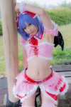 blouse blue_hair bonnet bow cosplay croptop half_skirt_open_front lenfried remilia_scarlet tail_plug thighhighs touhou wings rating:Questionable score:3 user:nil!