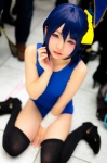 bandage blue_eyes blue_hair chuunibyou_demo_koi_ga_shitai! cosplay hairbow swimsuit takanashi_rikka thighhighs yuihara_hinase rating:Safe score:6 user:pixymisa