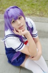 clannad cosplay fujibayashi_kyou jumper misaki purple_hair sailor_uniform school_uniform thighhighs zettai_ryouiki rating:Safe score:0 user:nil!