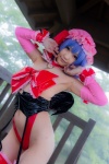 blue_hair bonnet bow corset cosplay detached_sleeves garter_straps lenfried monokini one-piece_swimsuit remilia_scarlet sling_bikini swimsuit thighhighs touhou wings rating:Safe score:0 user:nil!