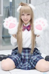 animal_ears blonde_hair blouse cat_ears cosplay kanran kneesocks love_live!_school_idol_project minami_kotori paw_gloves pleated_skirt school_uniform side_ponytail skirt rating:Safe score:0 user:nil!