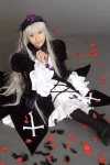 cosplay feathers kneehighs rose_petals rozen_maiden ruffles silver_hair suigintou suzukaze_yuuki rating:Safe score:0 user:nil!