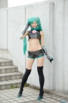 aqua_hair cosplay croptop detached_sleeves gloves hatsune_miku headset necoco project_diva shorts thighhighs twintails vocaloid rating:Safe score:5 user:nil!